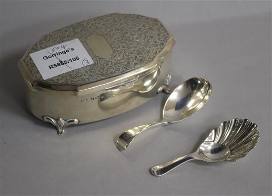 A George V silver trinket box, Birmingham, 1933 and two silver caddy spoons including Victorian.